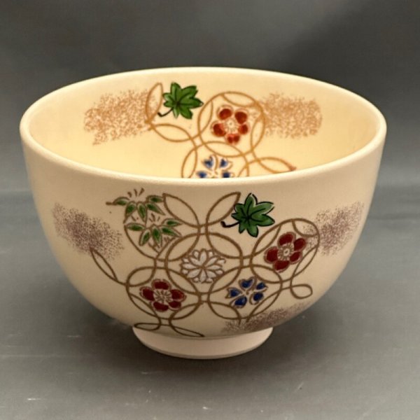 画像1: 瀬戸焼花紋抹茶茶碗 (1)