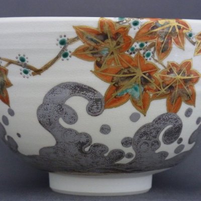 画像3: 八木海峰作 京焼 手描き抹茶茶碗（紅葉流水）