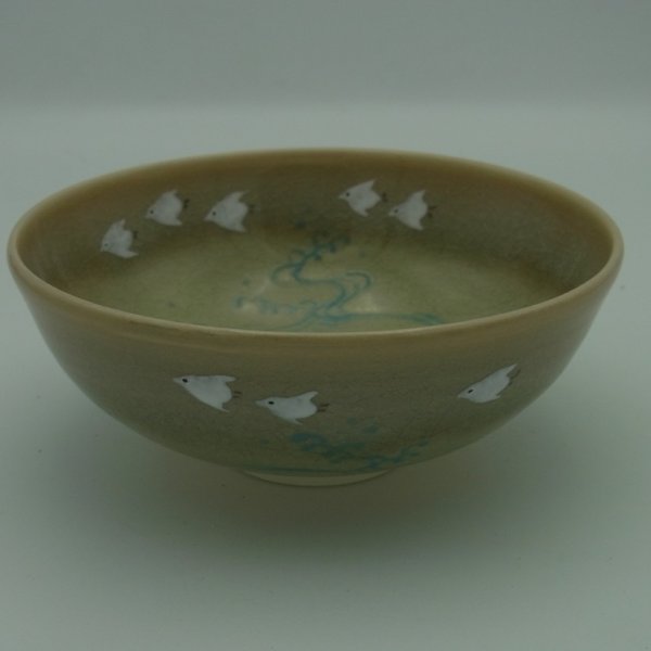 画像1: 京焼(清水焼) 八木海峰作 手描き抹茶茶碗　波千鳥 (1)