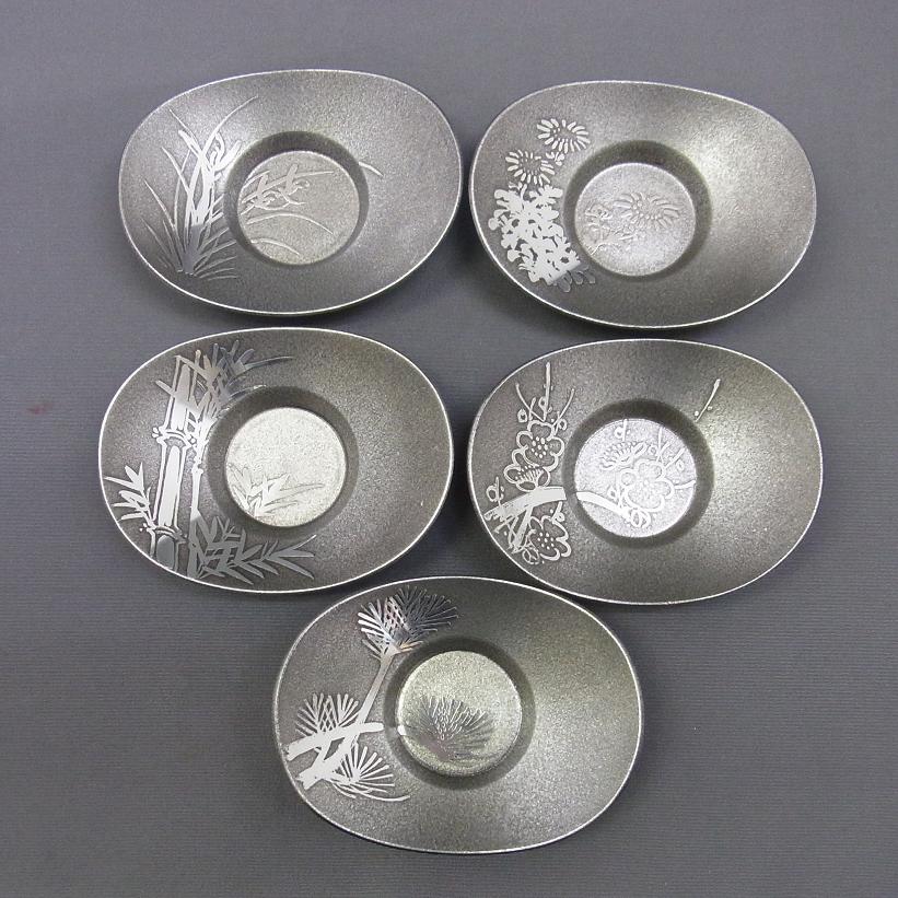 錫製　茶托　イブシ　梅型　5枚組　5柄　大阪錫器